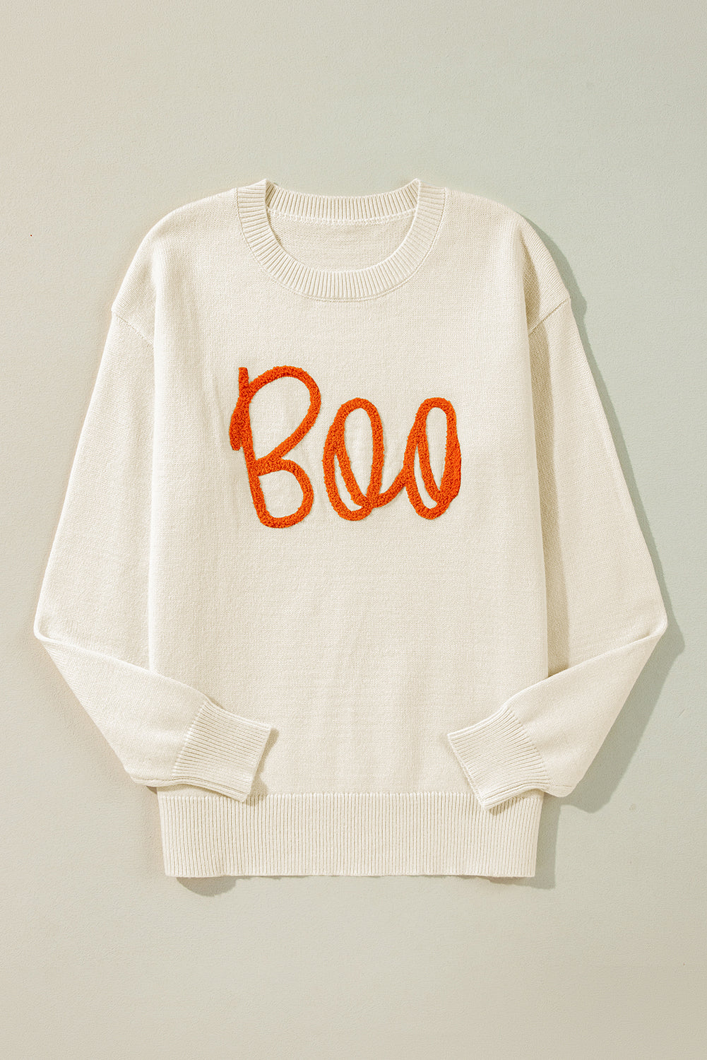 Orange Halloween Boo Drop Shoulder Knit Sweater Cozy Warm