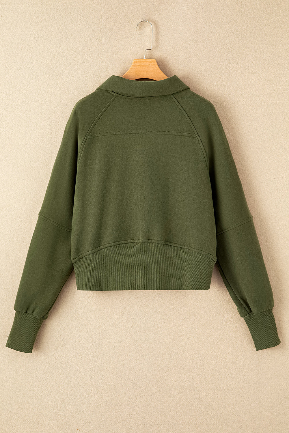 Green Zip Stand Collar Ribbed Thumbhole Sleeve Sweatshirt