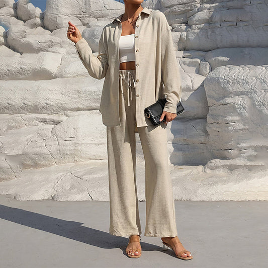 Women Solid Color Lapel Long Sleeve Pants Set - Button-Up Casual